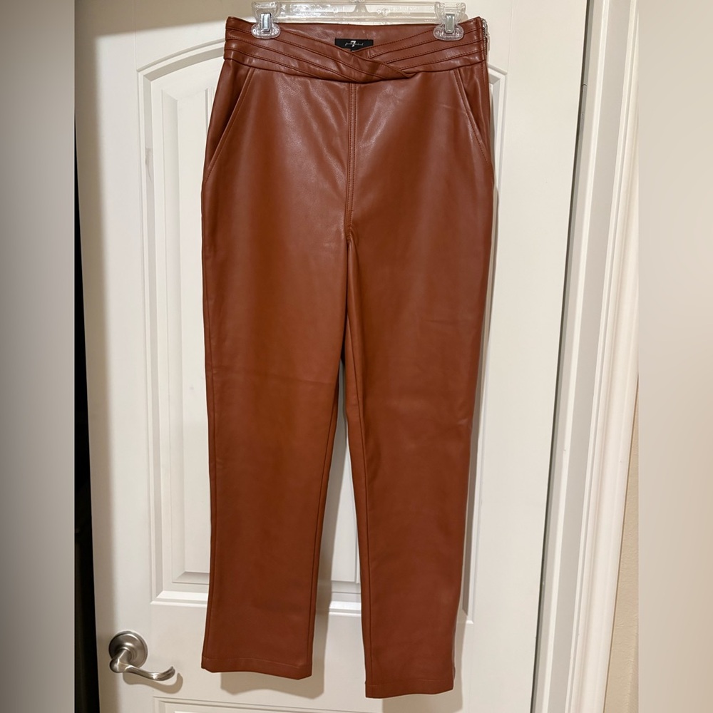 7 For All Mankind Faux Leather Cropped Slim Pants Cognac Brown NWT Size Medium